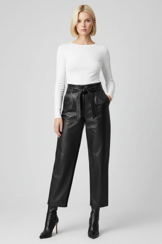 Black Women's Carrot Cut Belted Lined Genuine Leather Pants with Front Pockets