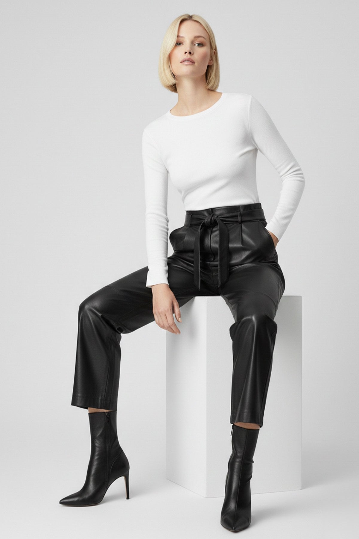 Black Women's Carrot Cut Belted Lined Genuine Leather Pants with Front Pockets