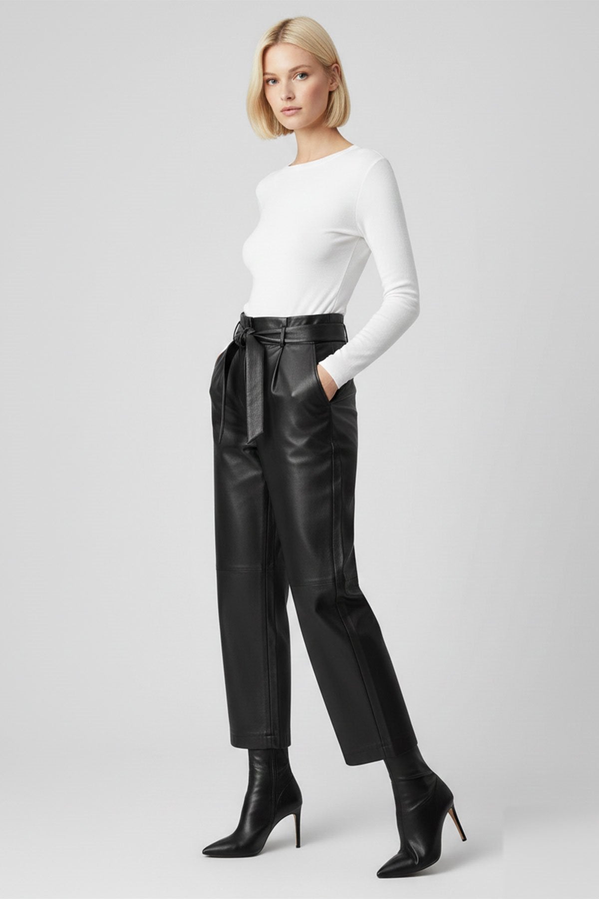 Black Women's Carrot Cut Belted Lined Genuine Leather Pants with Front Pockets