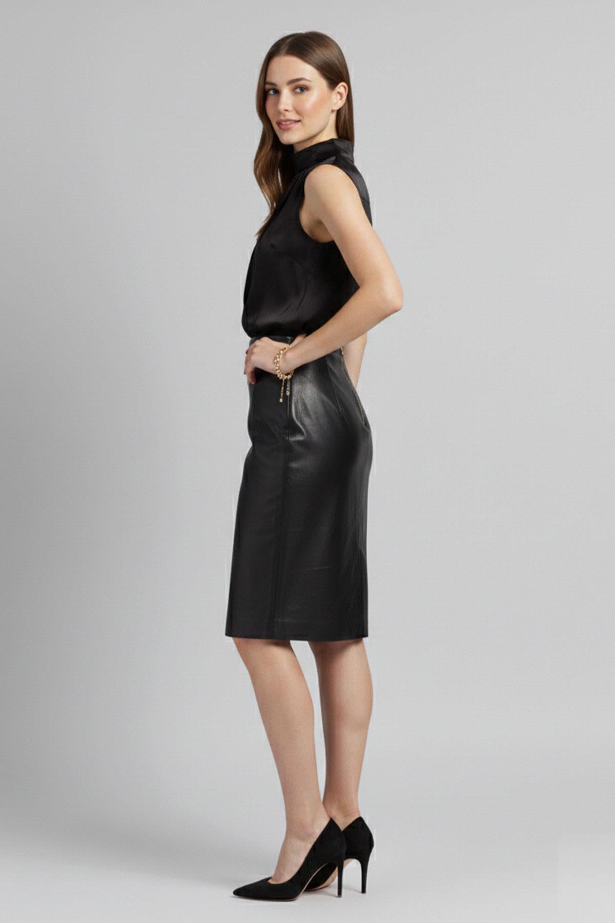 Black Women's Pencil Genuine Leather Skirt