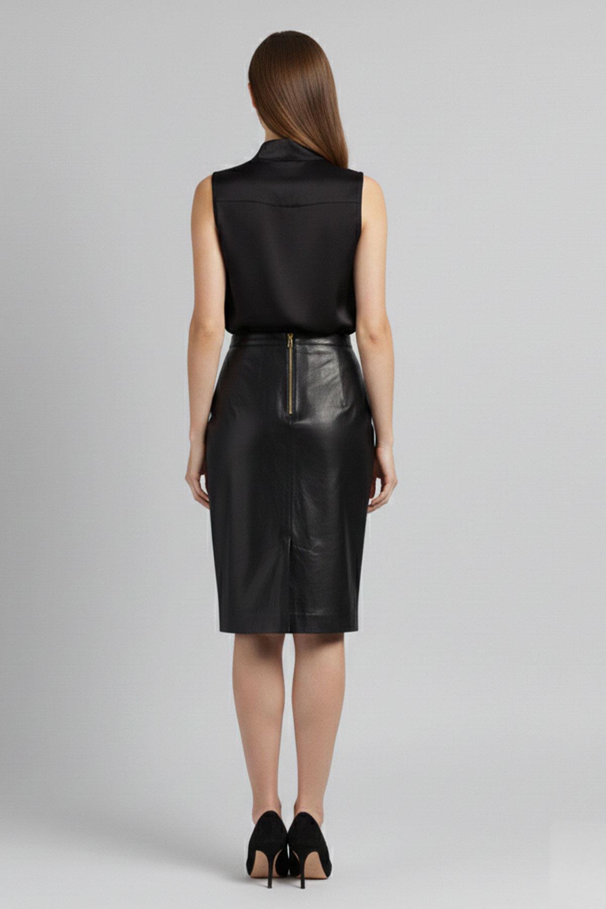 Black Women's Pencil Genuine Leather Skirt