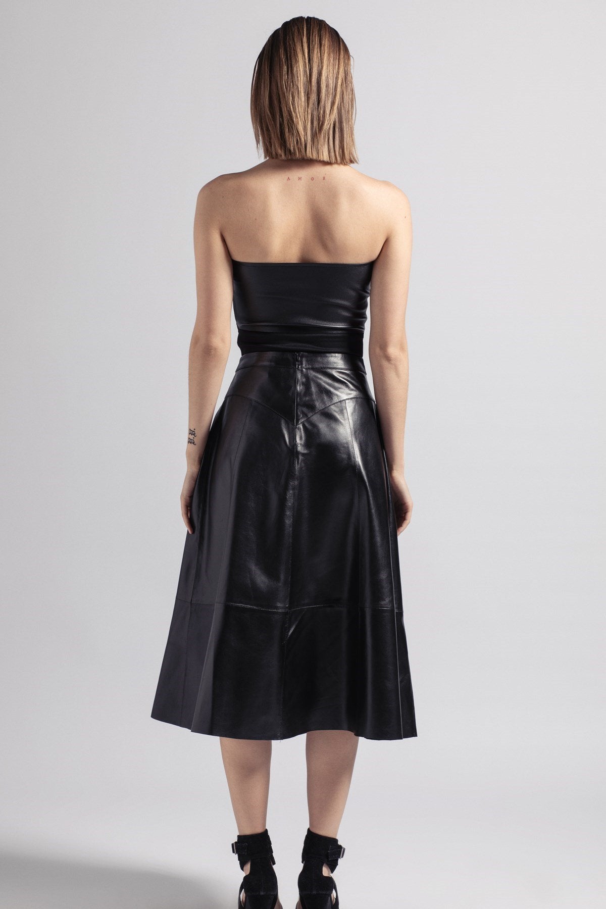 Black Women's Flared Pleated Genuine Leather Skirt