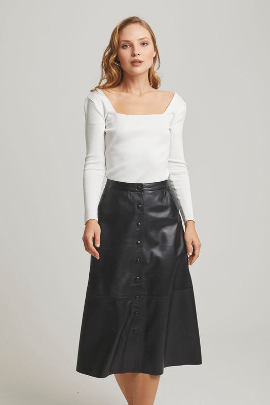 Black Clara Women's Flared Genuine Leather Skirt