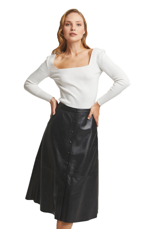 Black Clara Women's Flared Genuine Leather Skirt