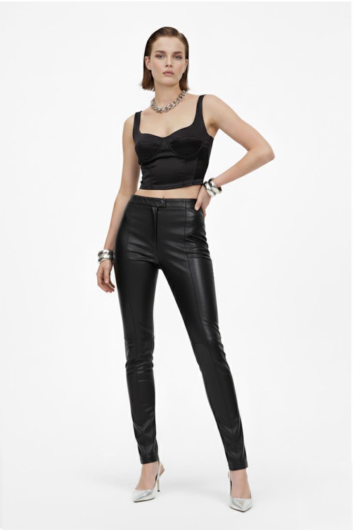 Black Women's Leggings, Unlined, Front Zipper and Button Closure, No Pockets, Slim Fit, Genuine Stretch Leather Pants