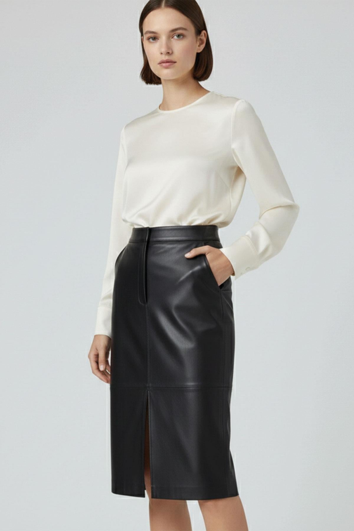 Black Lina Midi Genuine Leather Women's Skirt with Slit Detail