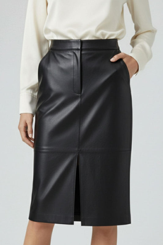 Black Lina Midi Genuine Leather Women's Skirt with Slit Detail
