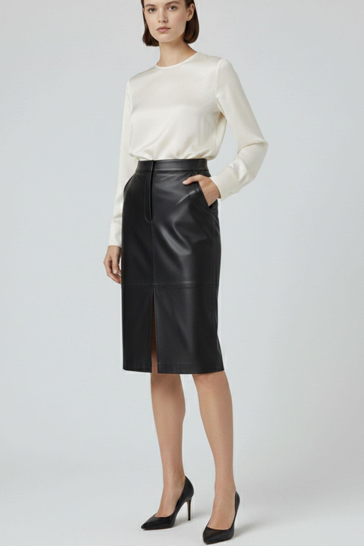 Black Lina Midi Genuine Leather Women's Skirt with Slit Detail