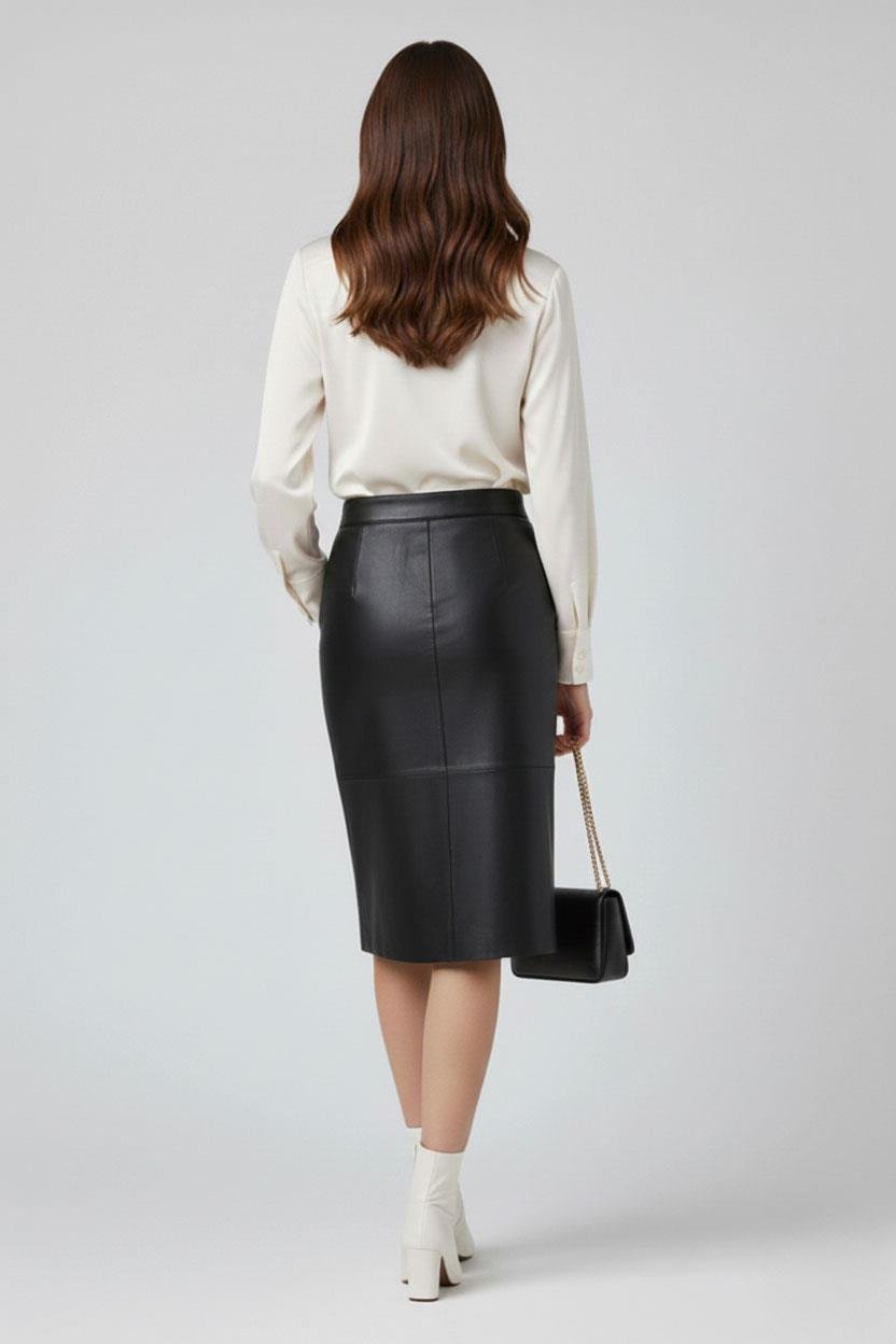 Black Lina Midi Genuine Leather Women's Skirt with Slit Detail
