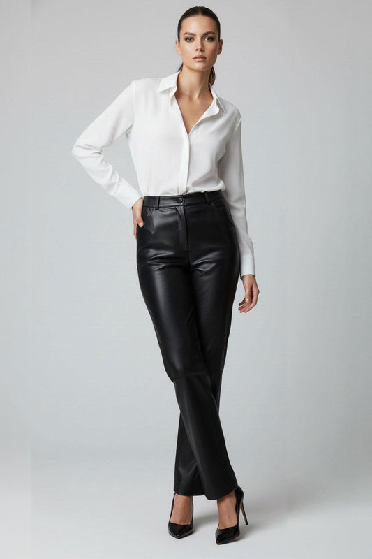Black Lora Regular Waist Straight Leg Women's Genuine Leather Trousers