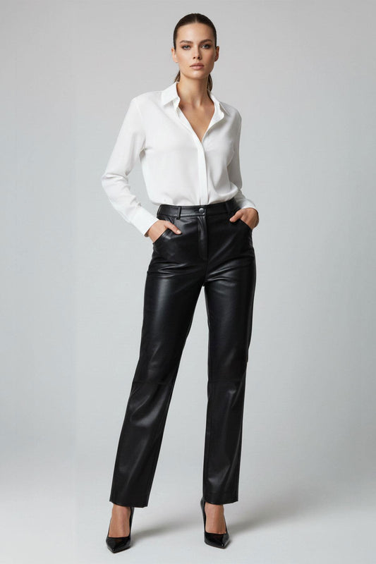 Black Lora Regular Waist Straight Leg Women's Genuine Leather Trousers