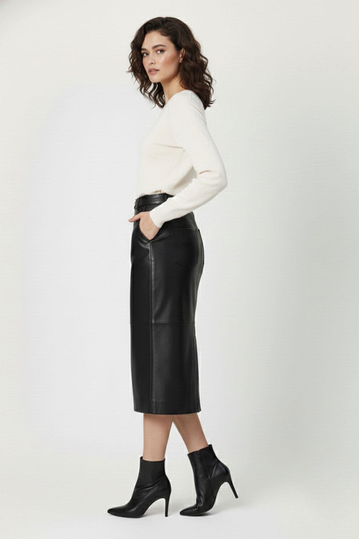 Black Mita Midi Genuine Leather Women's Skirt