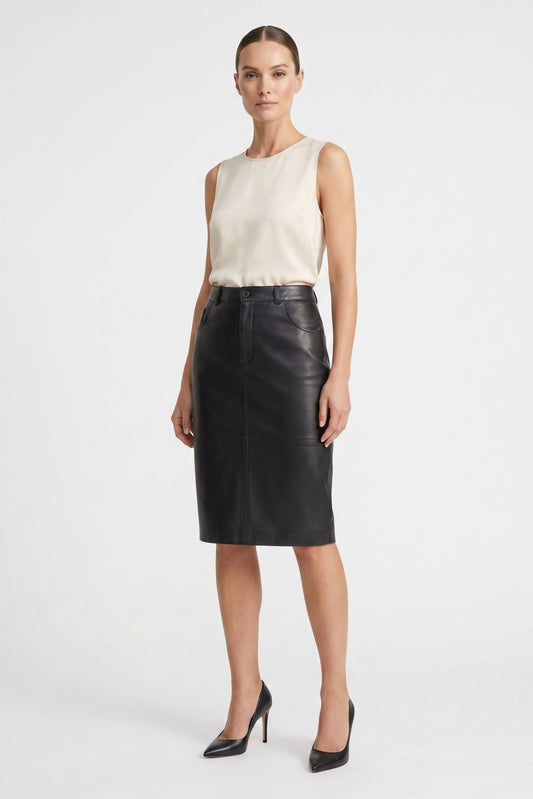 Black Mita Midi Genuine Leather Women's Skirt