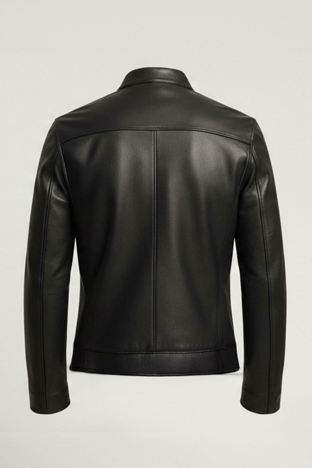 Black Stand Collar Genuine Leather Men’s Jacket