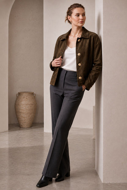Green Suede Women's Genuine Leather Classic Collar Button-Up Jacket