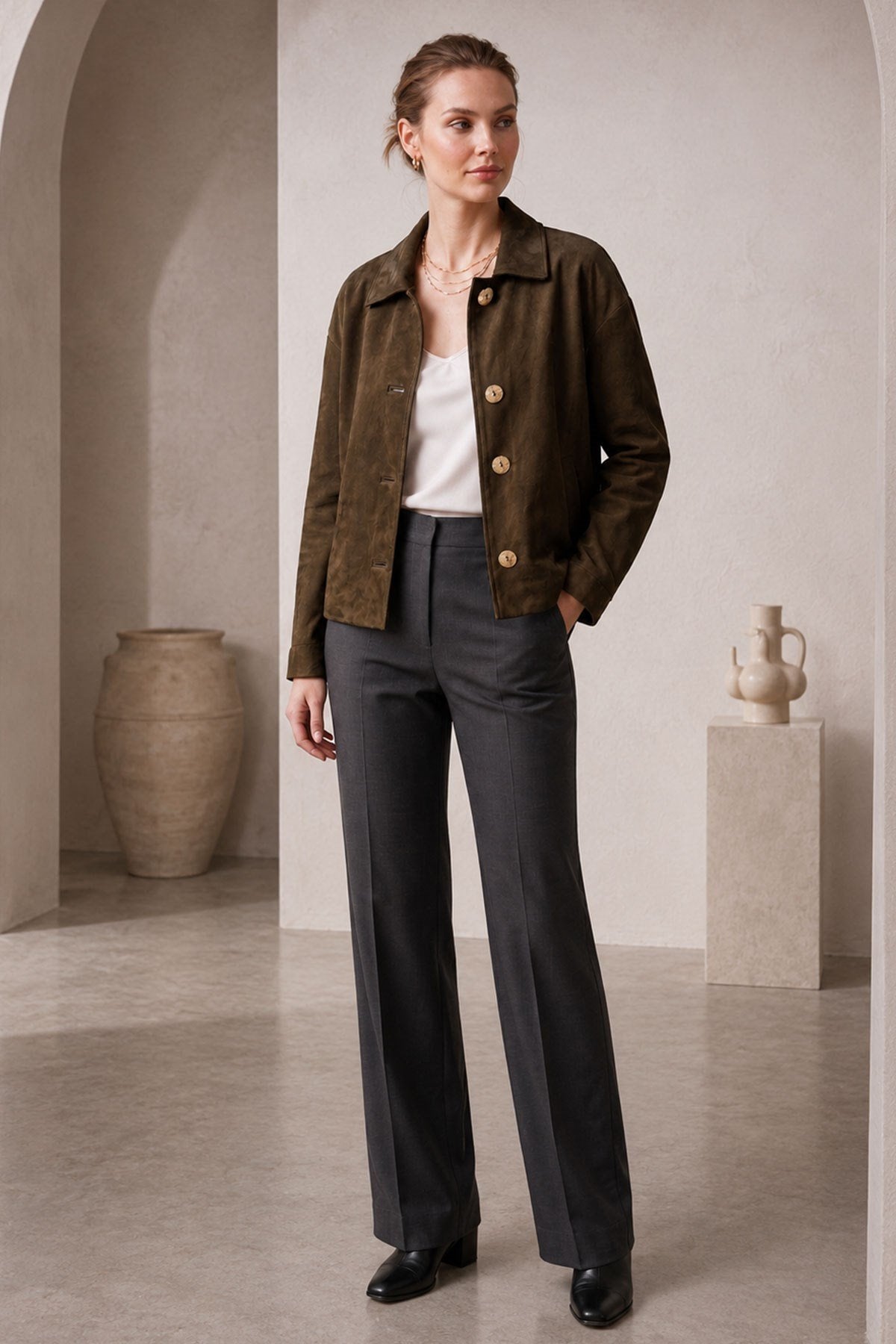 Green Suede Women's Genuine Leather Classic Collar Button-Up Jacket