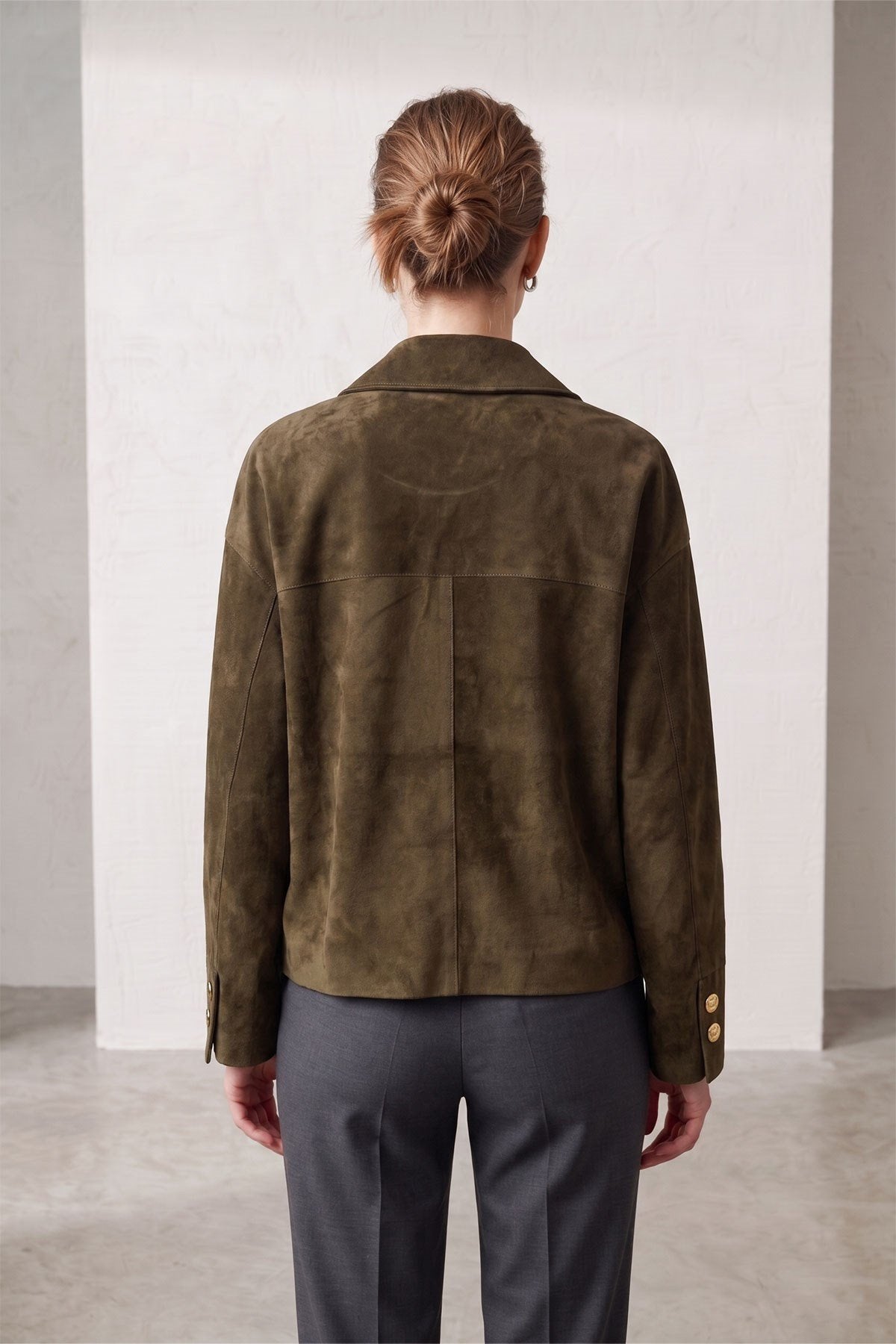 Green Suede Women's Genuine Leather Classic Collar Button-Up Jacket