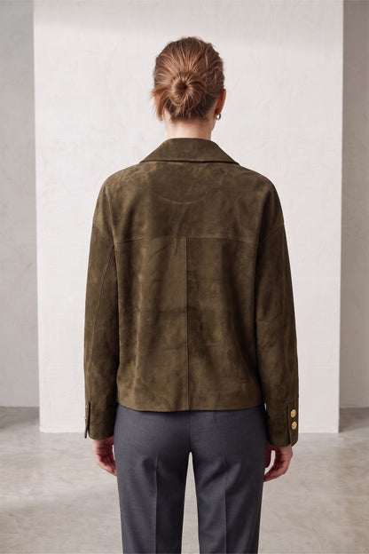 Green Suede Women's Genuine Leather Classic Collar Button-Up Jacket
