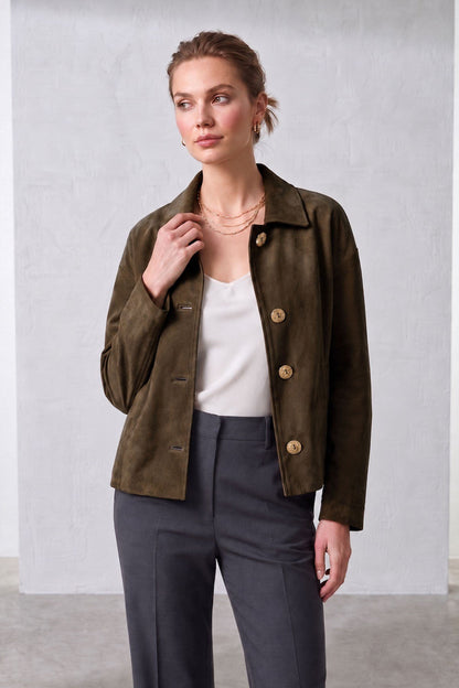 Green Suede Women's Genuine Leather Classic Collar Button-Up Jacket